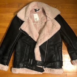 H&M Black Faux Leather Jacket With Faux Shearling